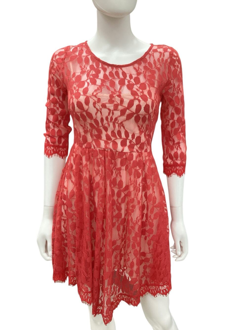 Free People Dress Women’s SZ 0 Slip With Lace Overlay 3/4 Sleeves Red And Cream